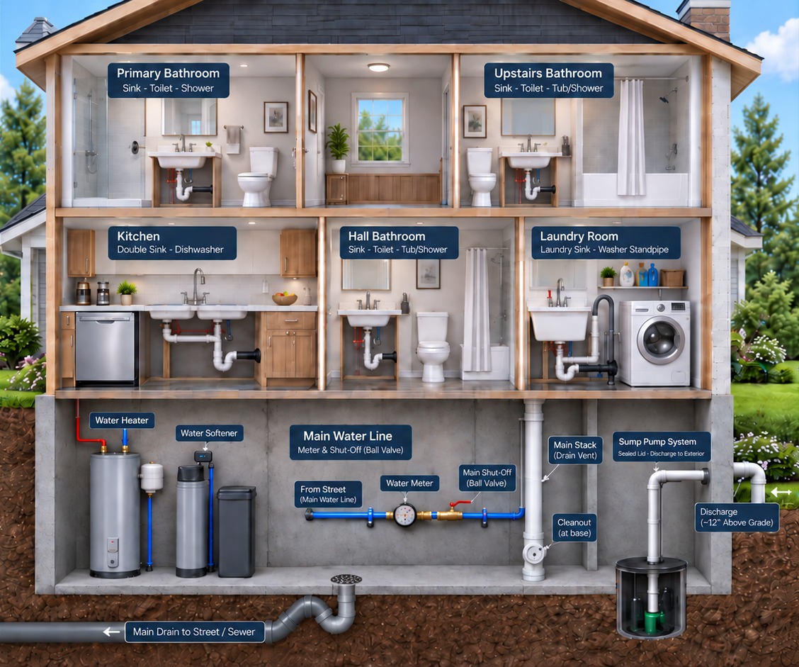 Realistic cutaway of the home: bathrooms and kitchen on the living levels, mechanical systems in the basement